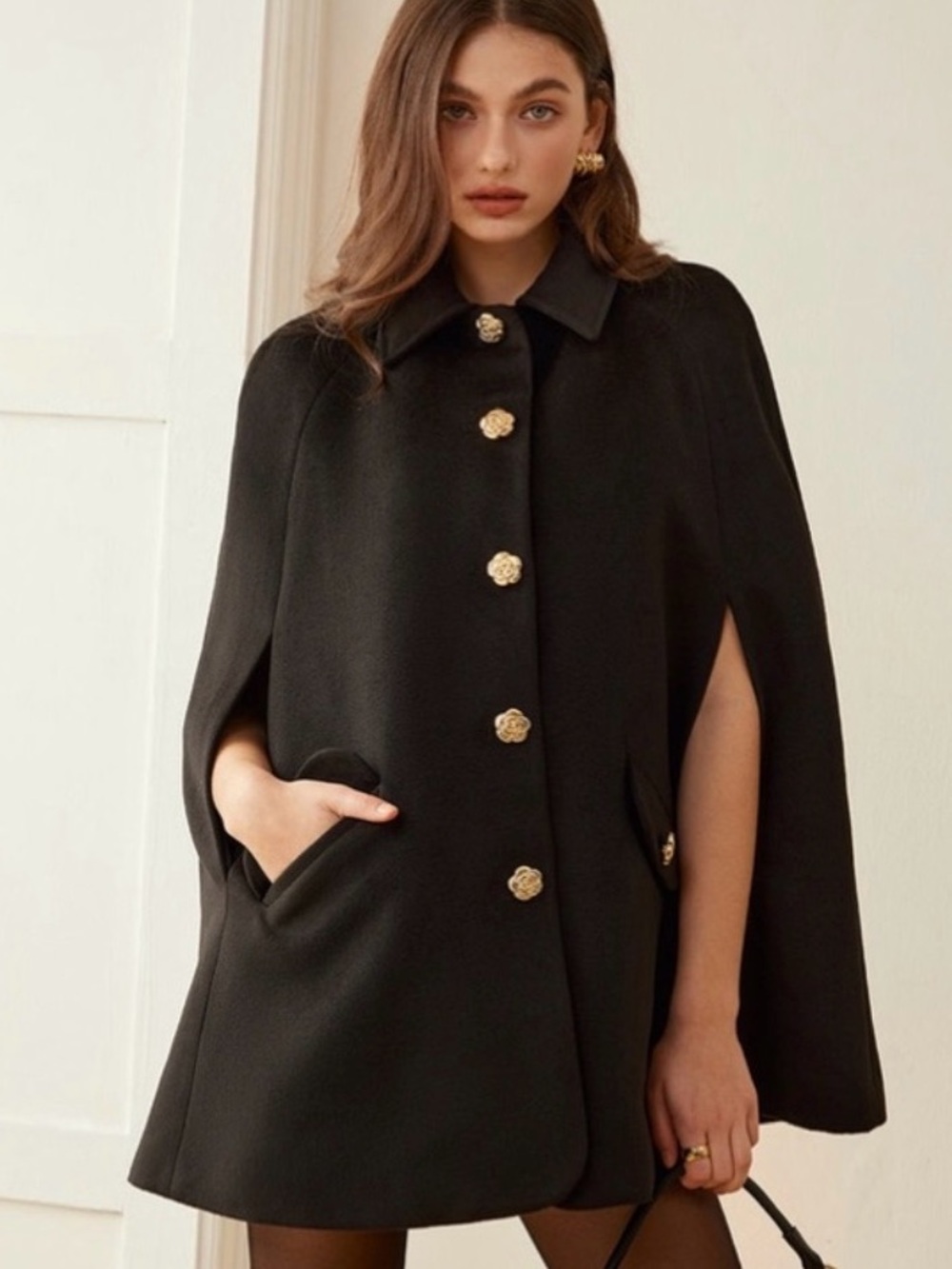 Commense Black Cape Coat with Gold Floral Buttons